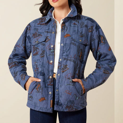 Ariat Womens Obispo Lightweight Insulated Jacket Retro Rodeo at boltranchstore.com free shipping in stock womens western jacket Woman wearing a blue patterned jacket 