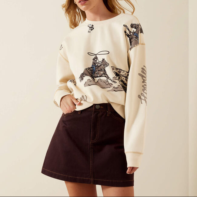 Ariat Womens Rancher Sweatshirt in Parchment with a screen printed western theme  all over the shirt with free shipping available at boltranchstore.com