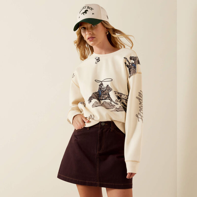 Ariat Womens Rancher Sweatshirt in Parchment with a screen printed western theme  all over the shirt with free shipping available at boltranchstore.com