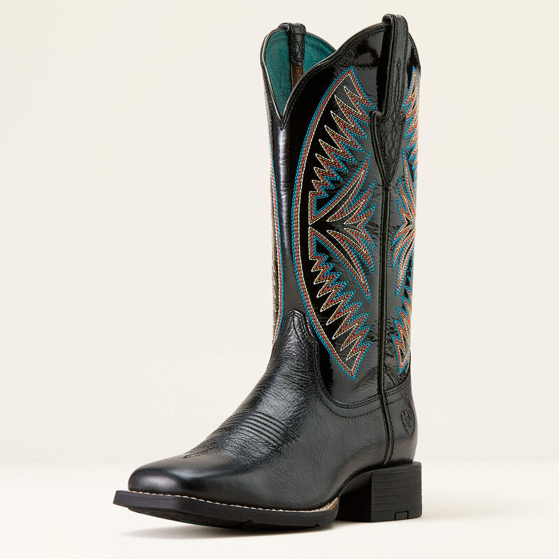 Ariat Womens Round Up Ruidoso Boot a western boot with colorful embroidered shaft in a square toe black boot at boltranchstore.com