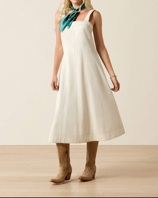 Ariat Valentine Dress in Summer Sand is a light off white strap dress with convenient side pockets perfect with boots and a cowgirl hat ready for the next rodeo at boltranchstore.com spring dress get the rodeo boots 