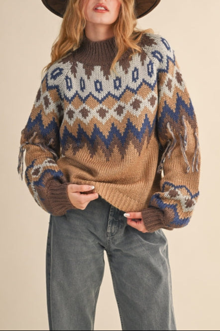 Aspen Fair Isle Fringe Sweater in brown blue and taupe. womens western fashion for fall at Boltranchstore.com offers free shipping