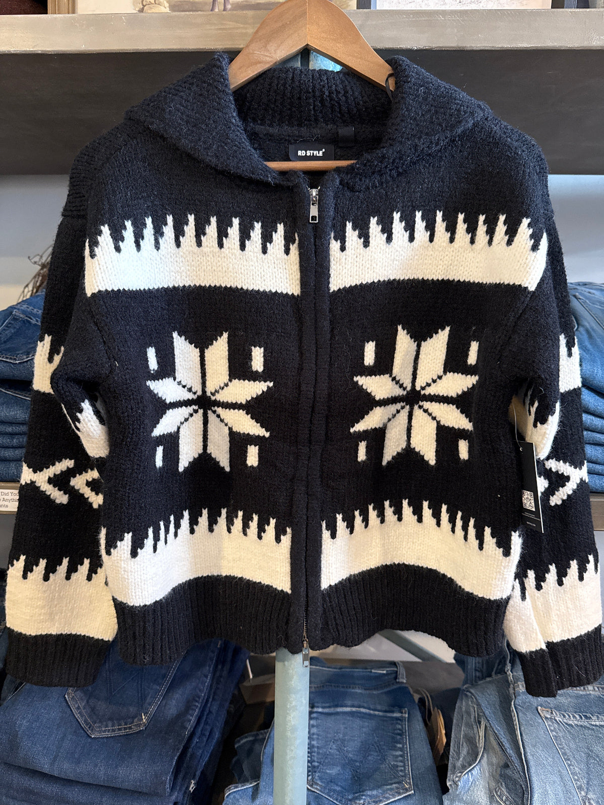 Audovera Shawl Neck Cardigan in a full zip up with a shawl neck in a black and cream design available at boltranchstore.com