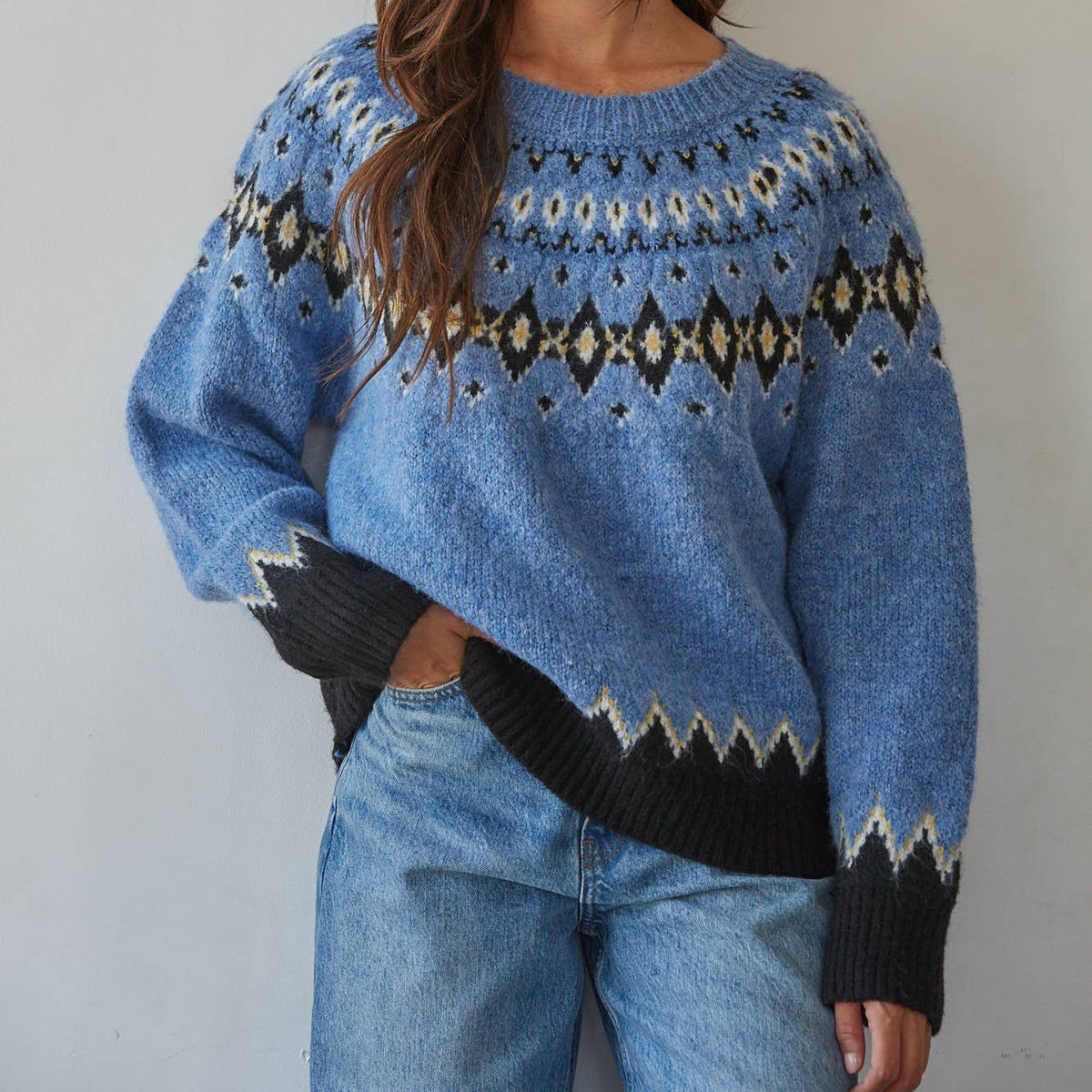 Audrey Fair Isle Long Sleeve Pullover fall sweater in a bright blue and black crew neck womens sweater sold near me at bolt ranch store 