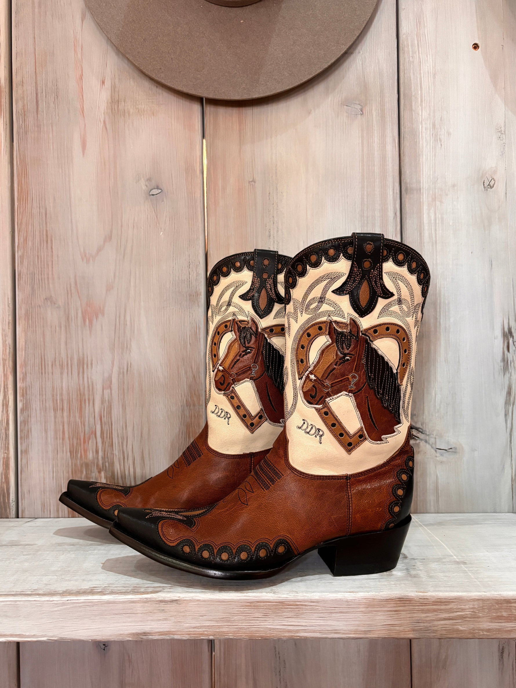 Womens Double D Horsiculture Boot cowboy boots horse head brown and black leather western fashion style Boltranchstore.com instock
