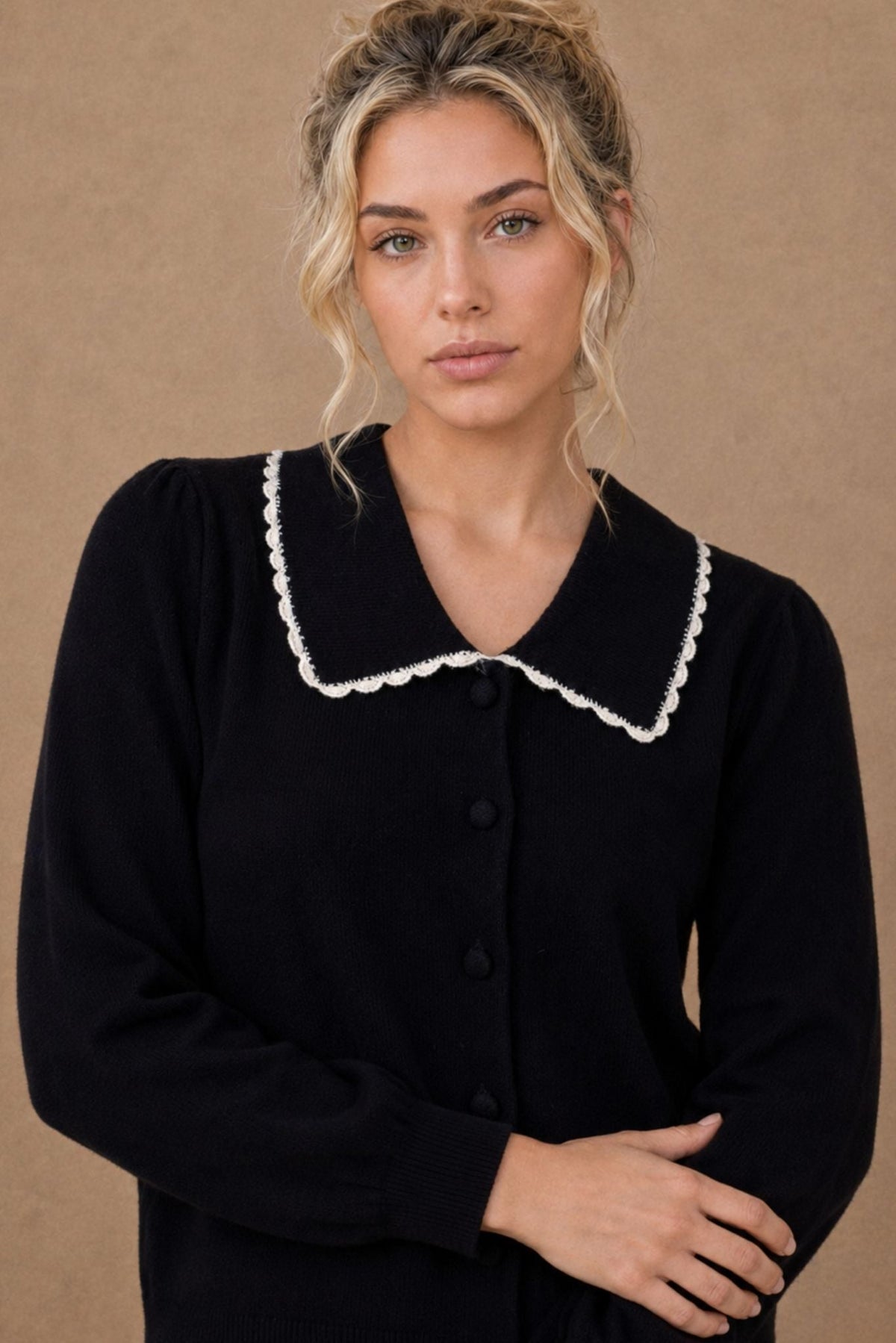 27 Miles Malibu Bellamy Cashmere Collared Cardigan with Lace Trim lantern sleeves with gentle volume womens western clothing
