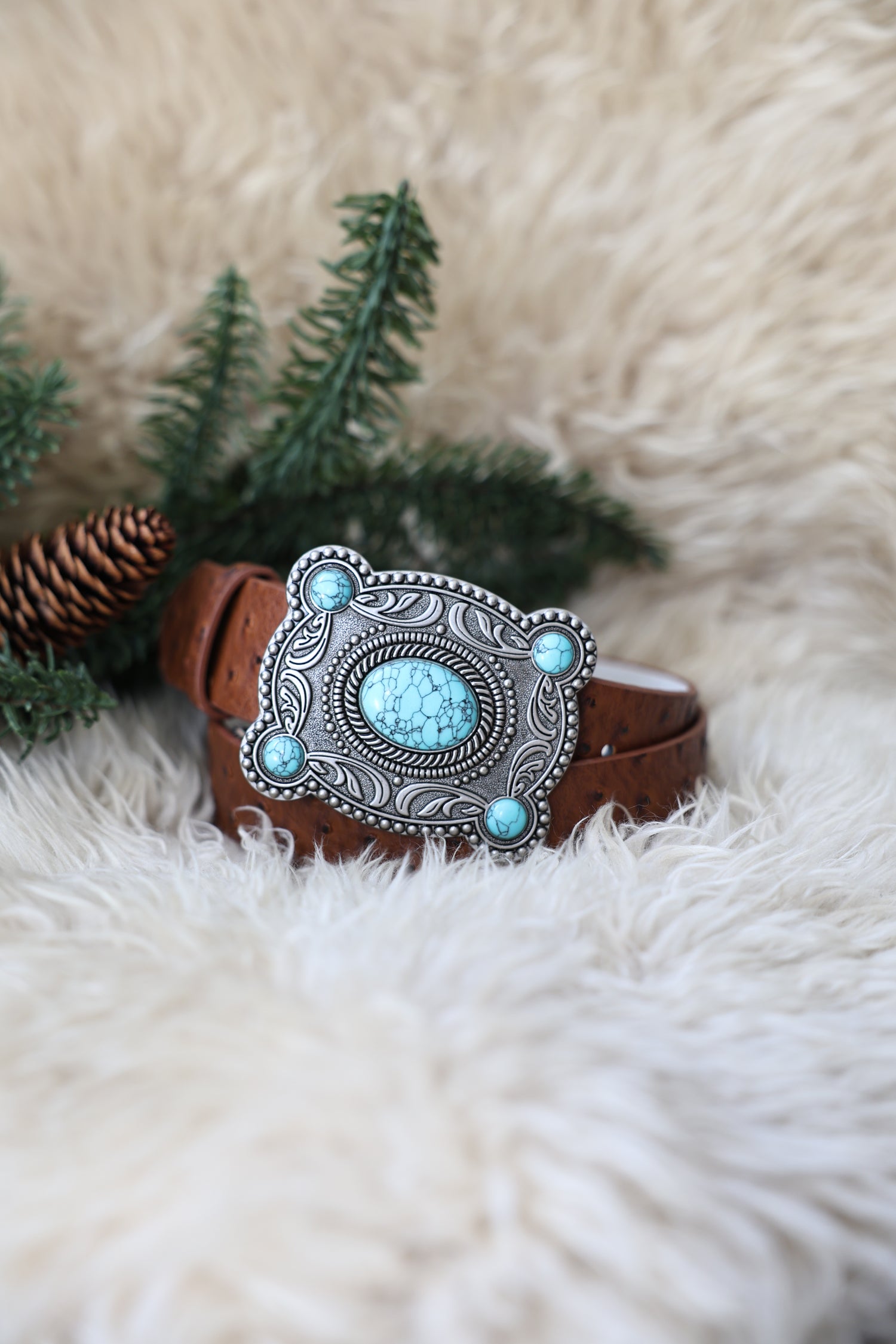 Ostrich Print Belt with Turq Buckle