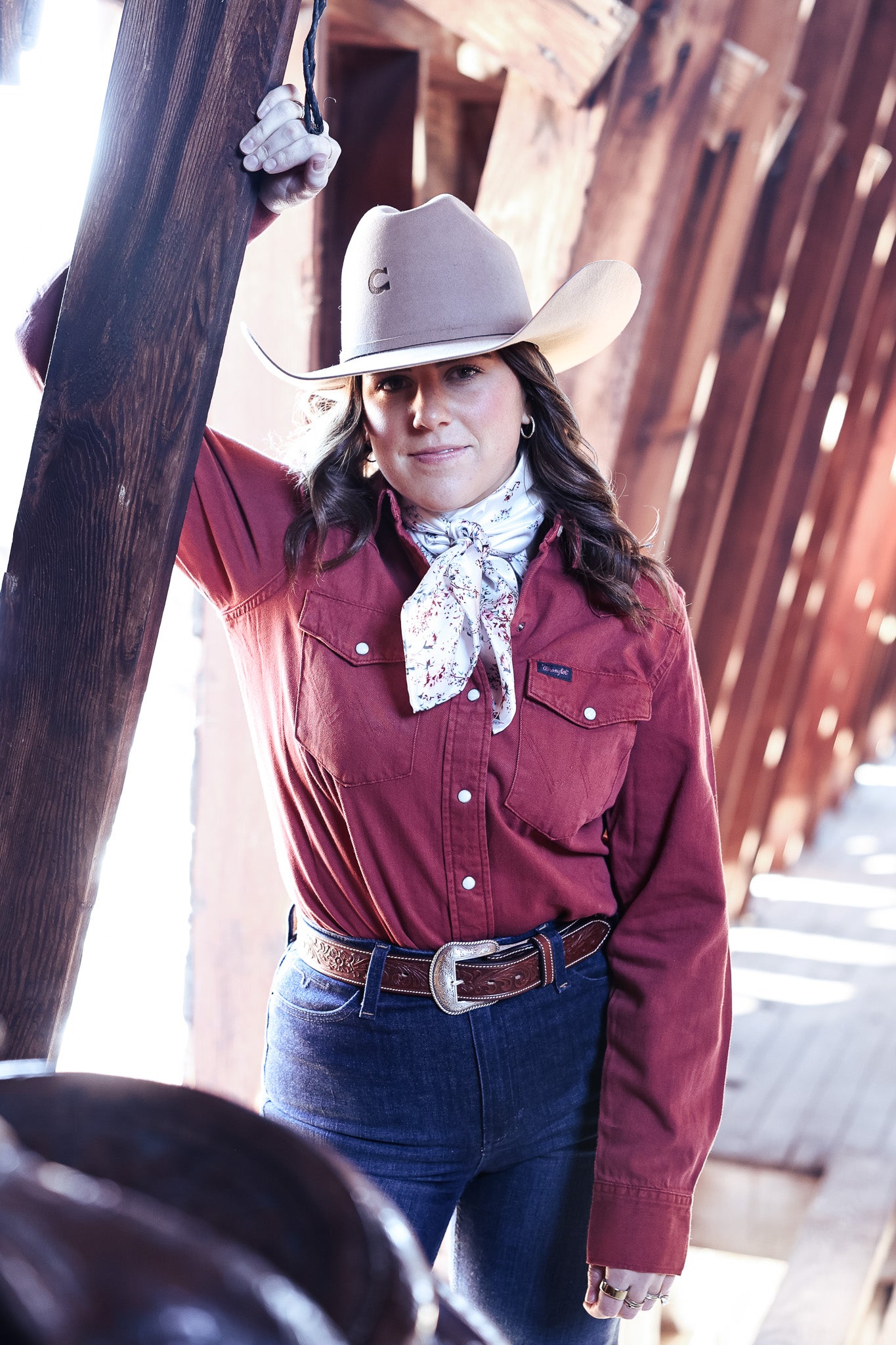 Wrangler Womens Burgandy Denim Snap Shirt