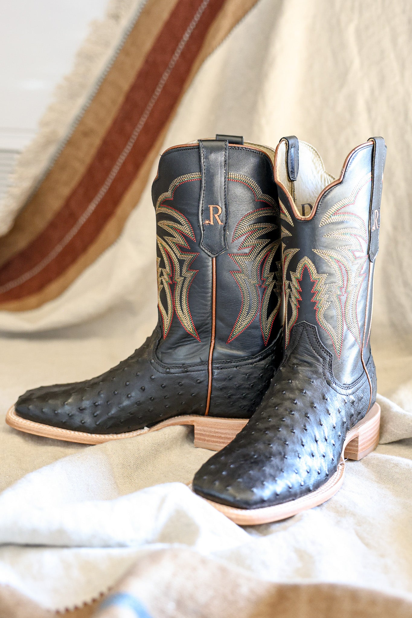 R Watson Mens Black Full Quill Ostrich Boots