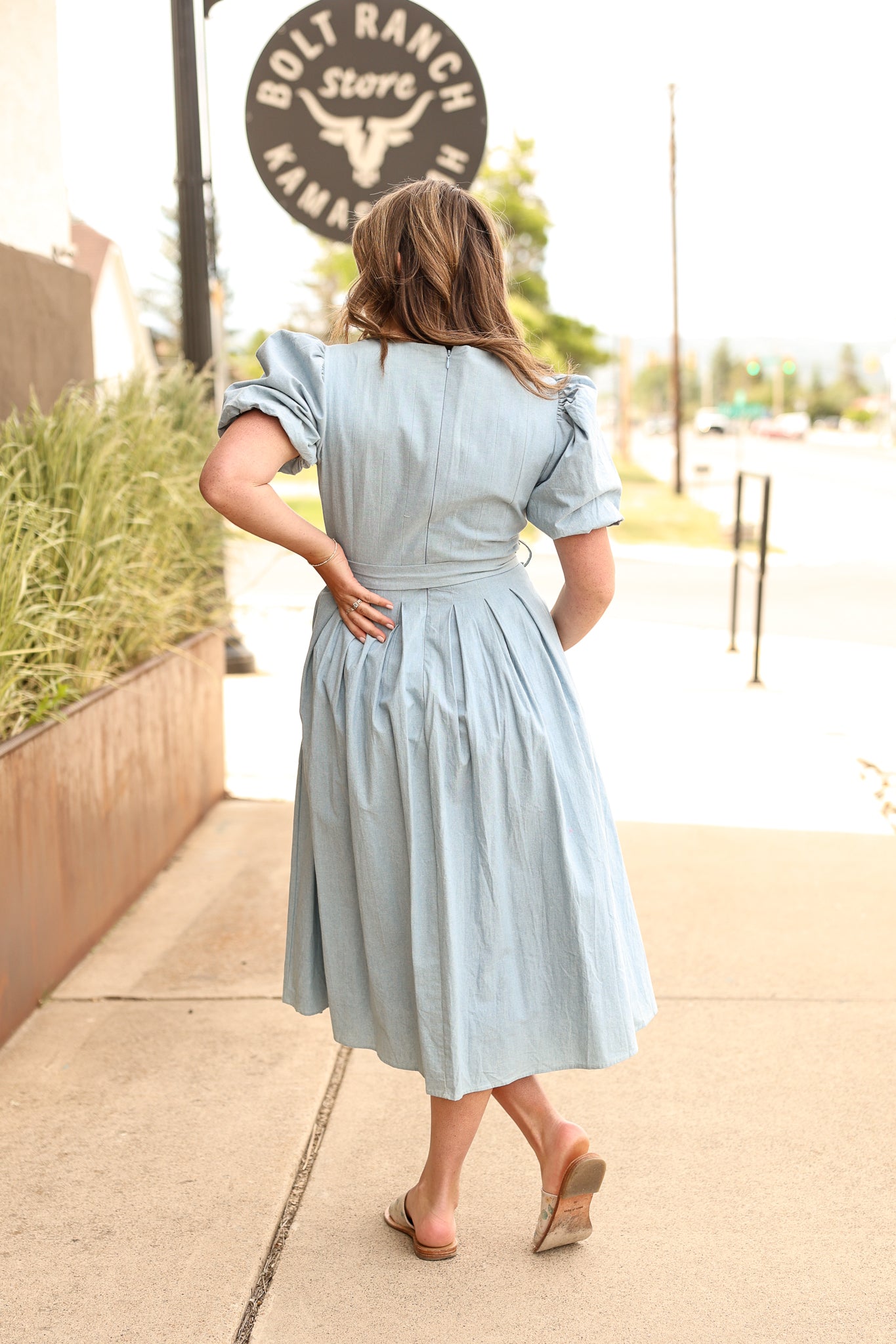 Waist Tie Puff Sleeve Dress in Blue