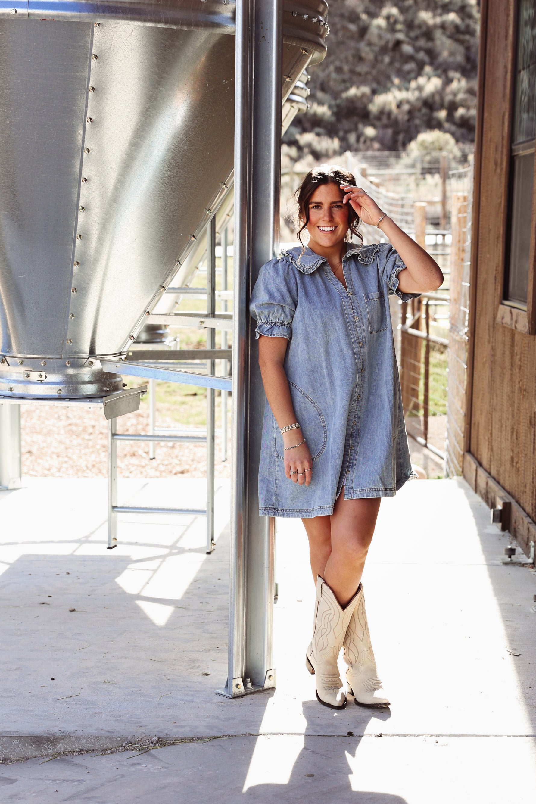Sally Snow Washed Denim Mini Dress short womens denim dress ruffle collar western fashion country music concert outfit Boltranchstore.com