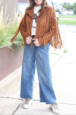 LL26773-703 Cripple Creek womens leather fringe jacket in brown with long tassels perfect for country music concert outfit sold near Park City at Bolt Ranch Store