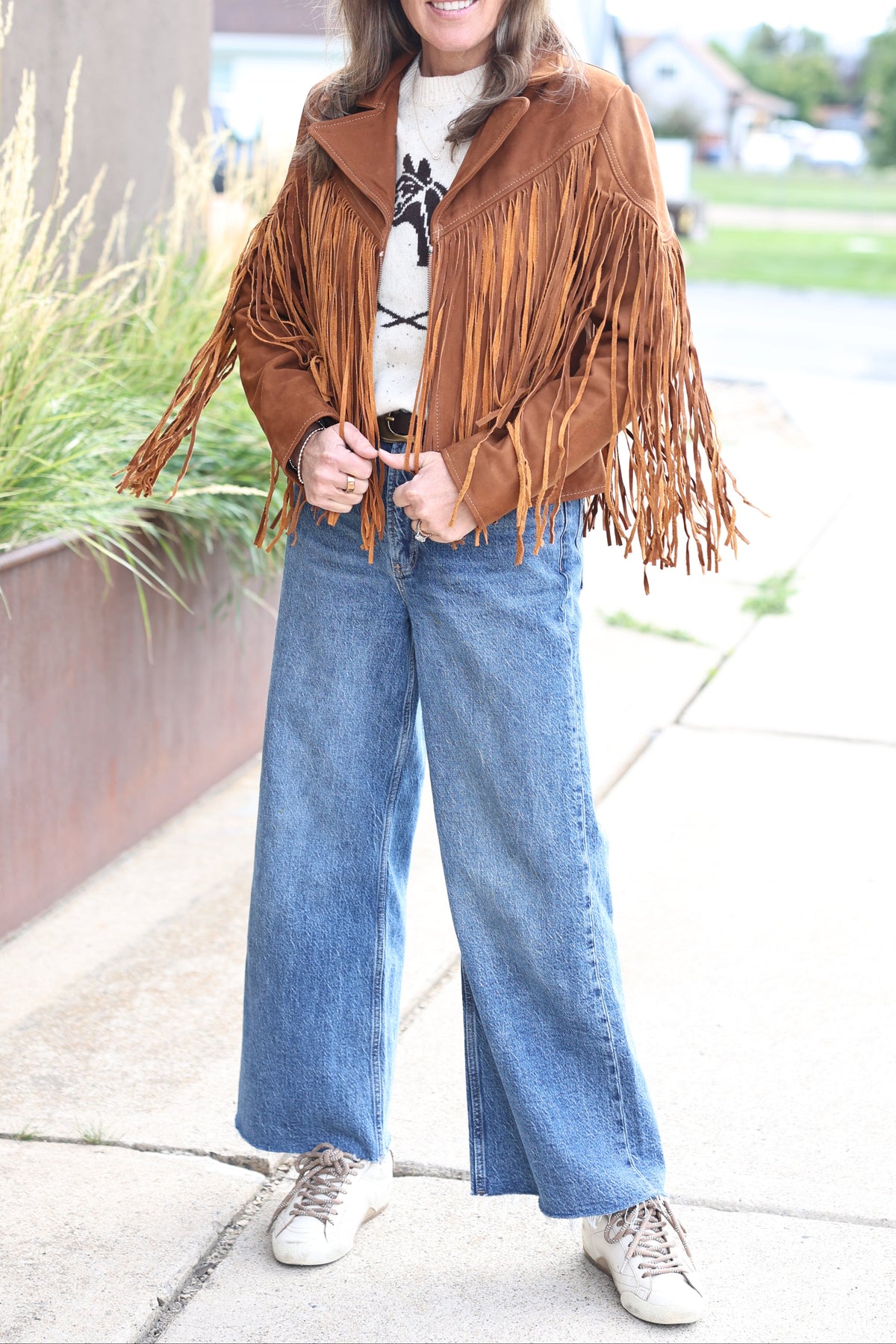 LL26773-703 Cripple Creek womens leather fringe jacket in brown with long tassels perfect for country music concert outfit sold near Park City at Bolt Ranch Store