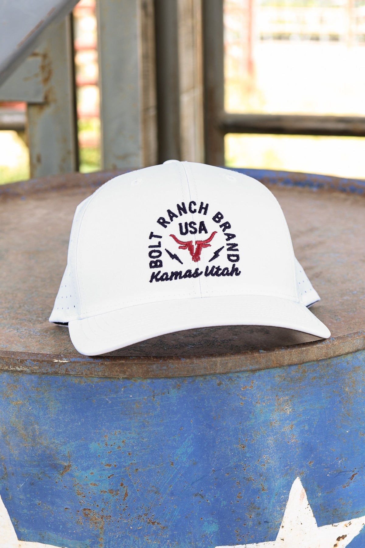 Bolt Ranch Showdown Performance Hat white cap boltranchstore.com tombstone logo