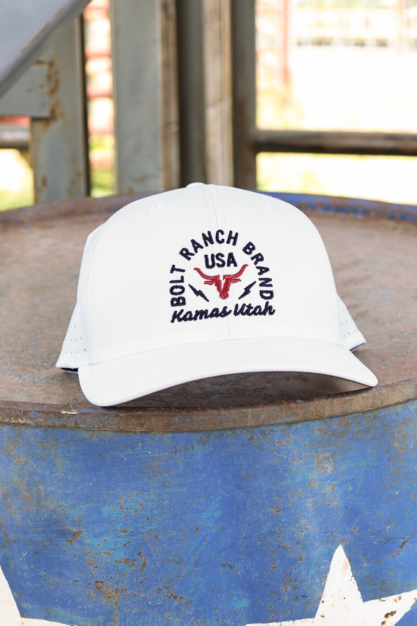 Bolt Ranch Showdown Performance Hat white cap boltranchstore.com tombstone logo
