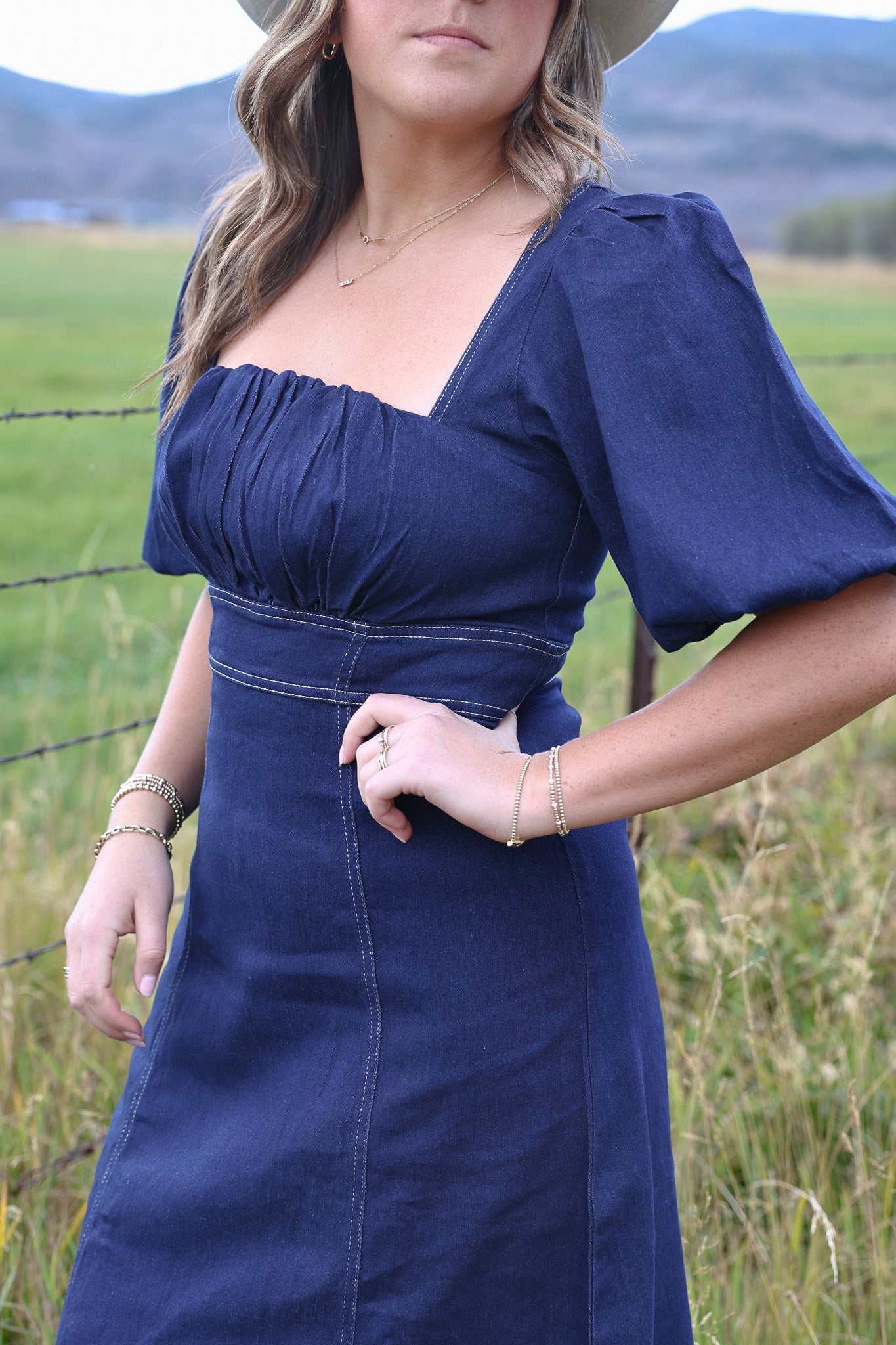 Balloon Sleeve Denim Maxi Dress