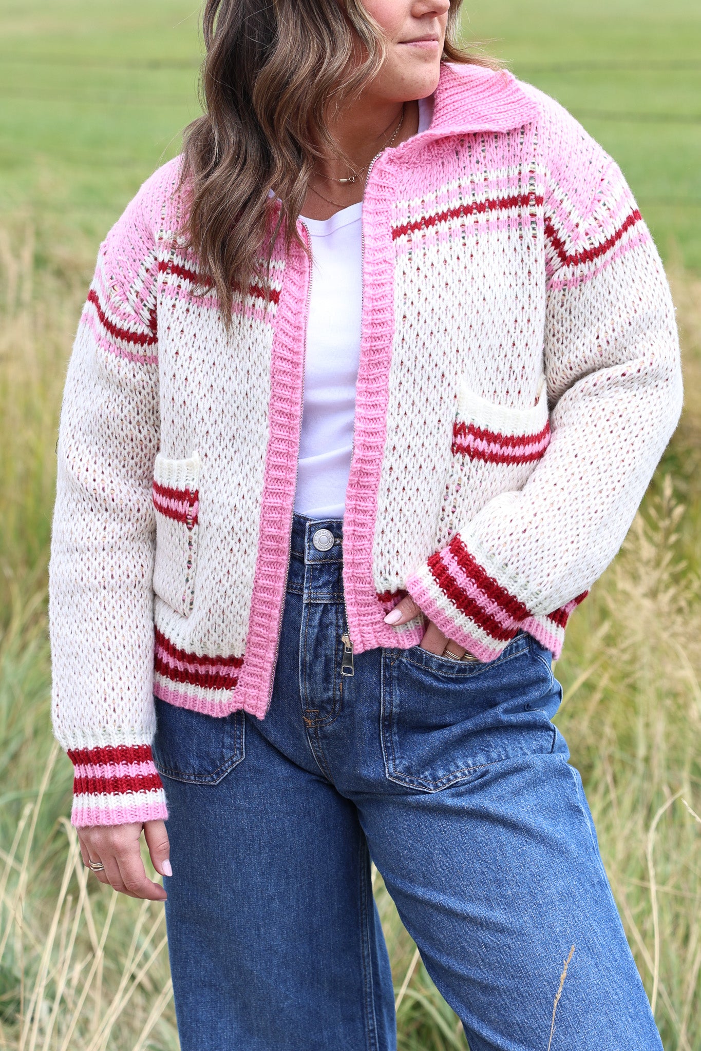 Cowgirl Sweater Zip Up - Pink