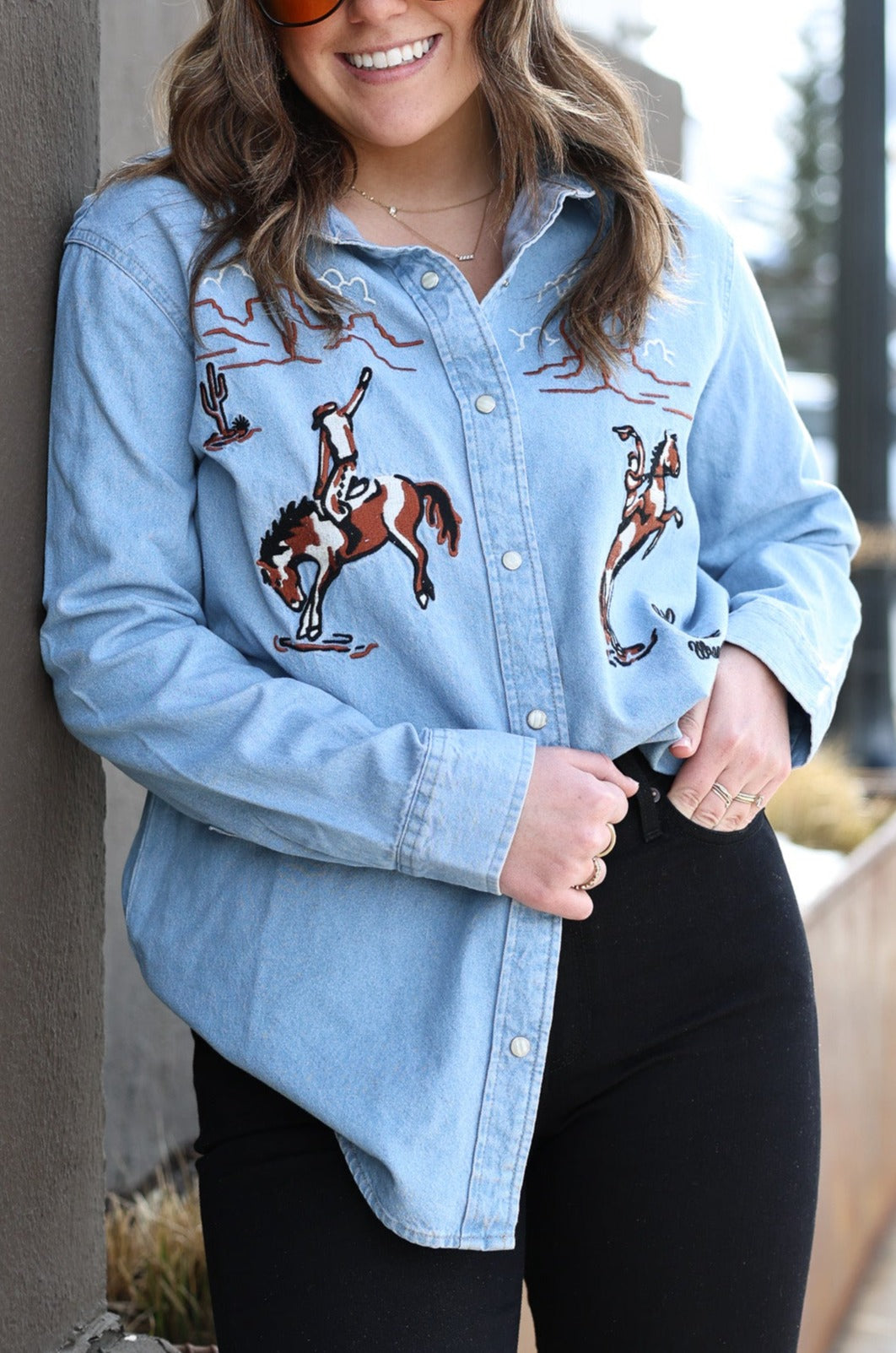 Wrangler Womens Emb Western Snap Shirt - Denim Blue