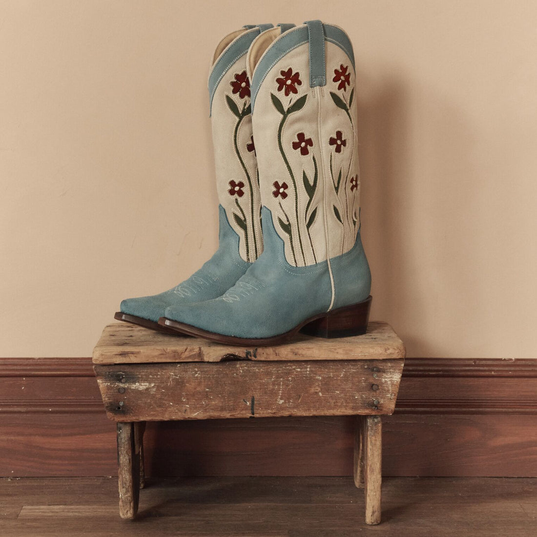 Stetson and THE GREAT Suede Floral Cowboy Boot in Washed Indigo