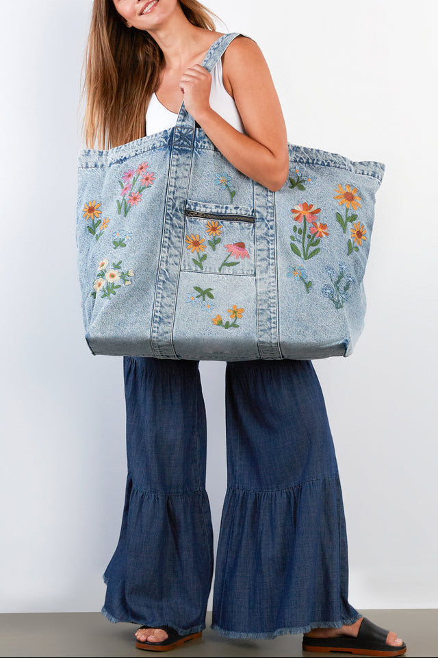 Really Big Blossom Tote Billy T denim bag jumbo beach bag floral embroidery Boltranchstore.com Free Shipping