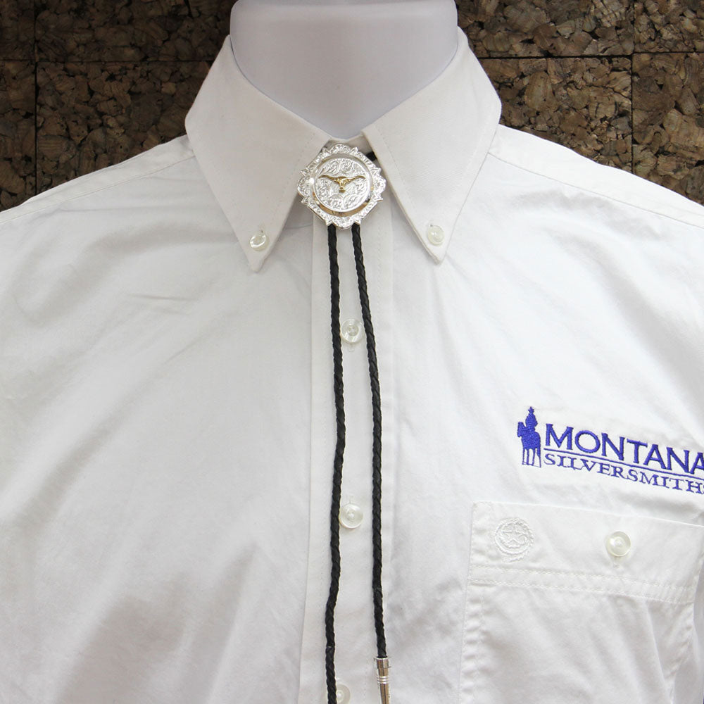 Silver and Gold Engraved Button Bolo Tie