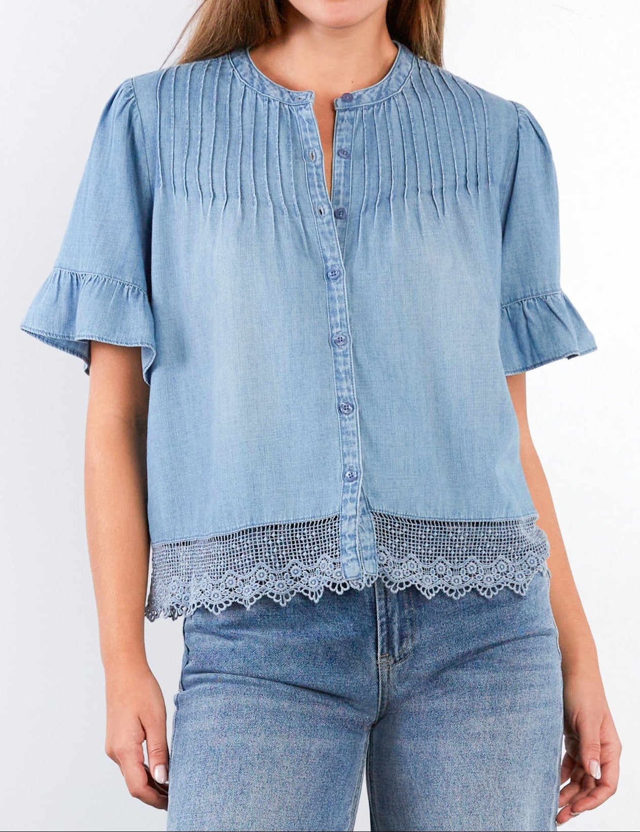 Billy T Cafe Pleats denim womens Top western Boutique free shipping at boltranchstore.com short sleeve cute lace detail new summer spring 2026