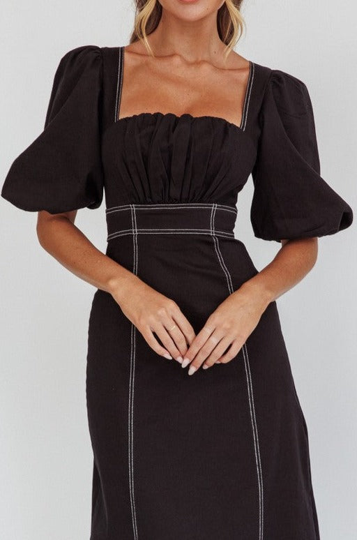 Balloon Sleeve Stitch Detail Babydoll Maxi Dress