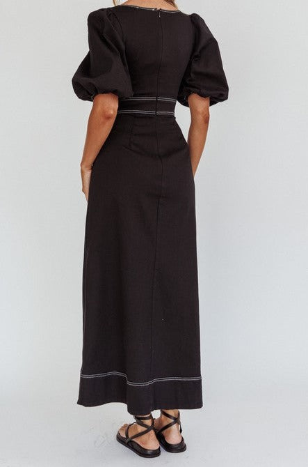 Balloon Sleeve Stitch Detail Babydoll Maxi Dress