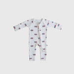Bamboo Zip Pajamas Americana Ribbed shop at boltranchstore.com Baby onesie with flag pattern on a light gray background