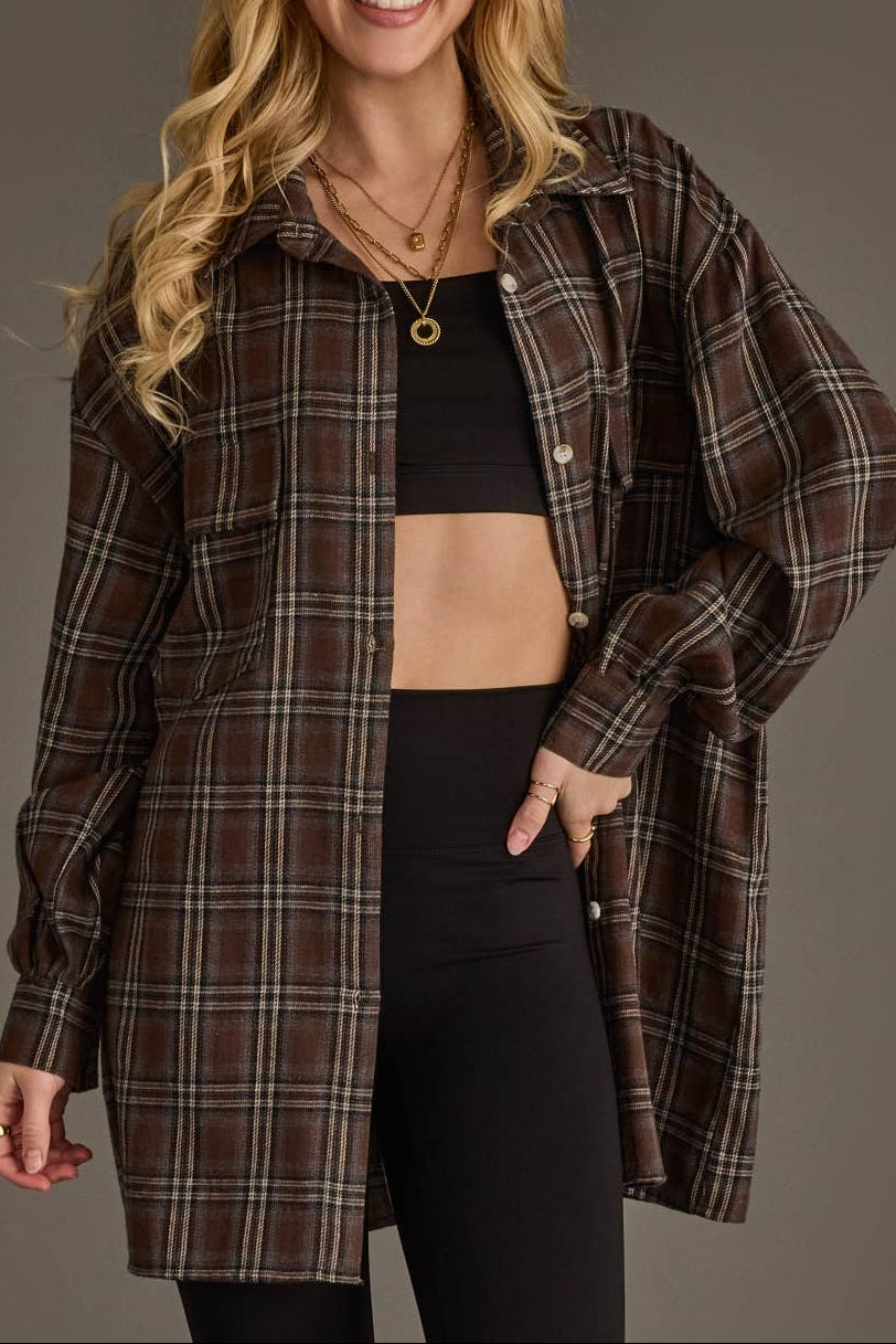 Becca Boyfriend Flannel Button Up Topbrown and black plaid button-up shirt jacket