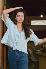 Becca V-Neck Ruffle Blouse light blue womens top short sleeve ruffle new arrival spring summer now available at bolt ranch store free shipping