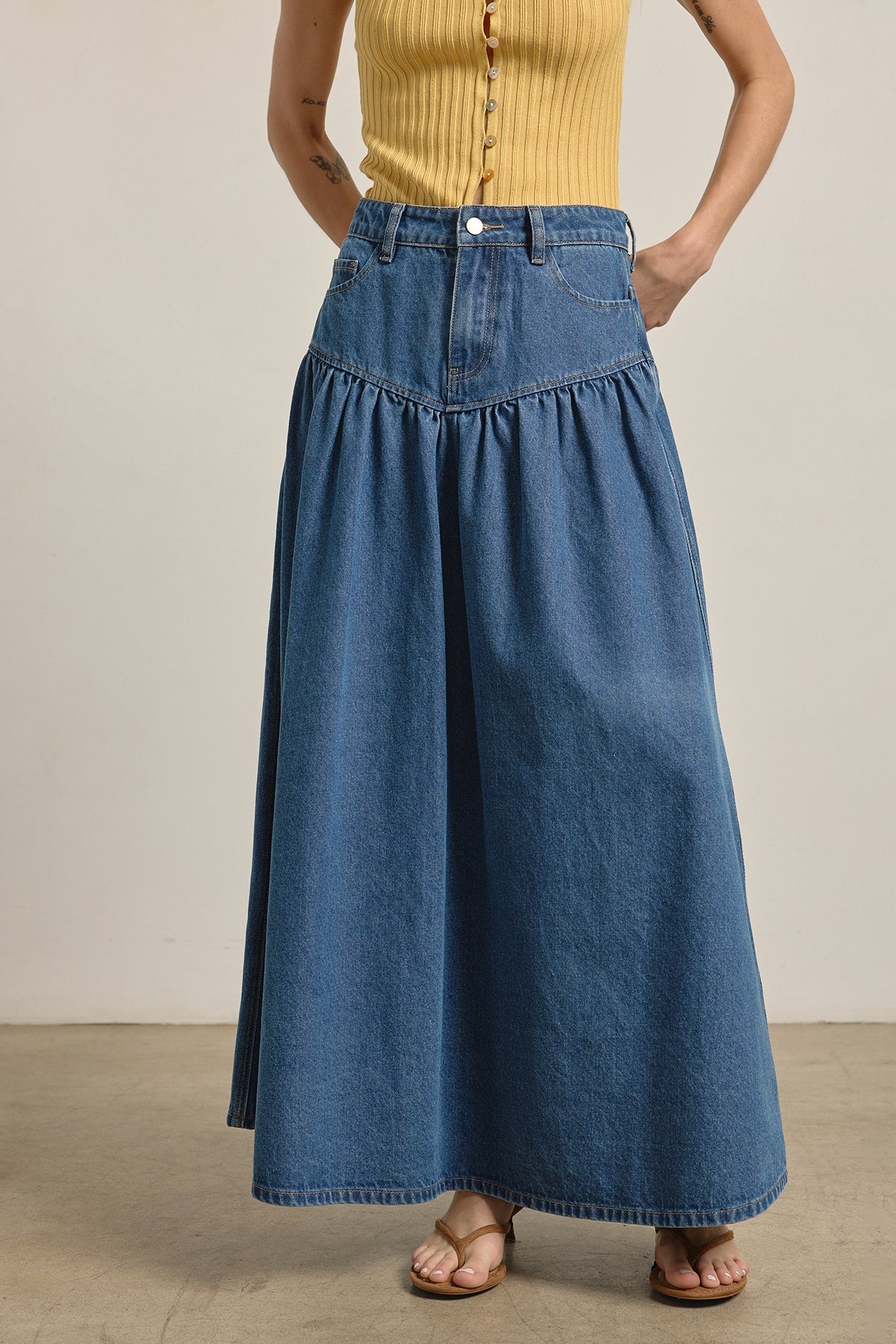 Bella Womens Tiered Denim Maxi Skirt buy at boltranchstore.com western wear Free Shipping long denim skirt