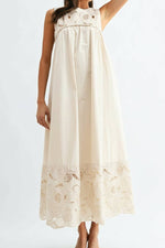 Betty Boho Lace Detail Maxi Dress a sleeveless dress with embroidered detail on the top of the dress and bottom at boltranchstore.com