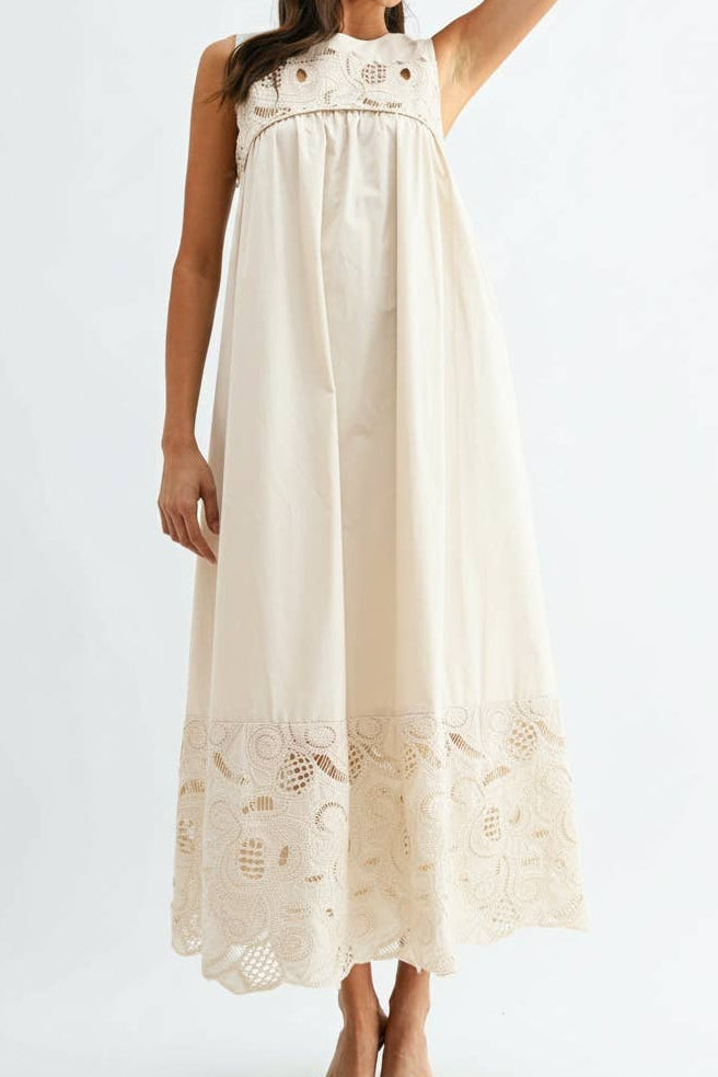 Betty Boho Lace Detail Maxi Dress a sleeveless dress with embroidered detail on the top of the dress and bottom at boltranchstore.com