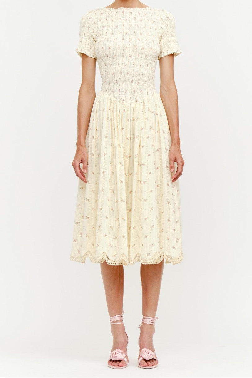 Bianca Smocked Midi Dress a ditsy butter yellow floral dress with a drop waist smocked midi dress at boltranchstore.com