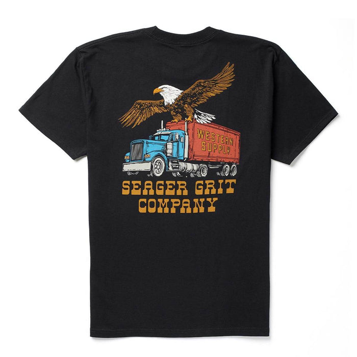 Seager Big Rig Tee At boltranchstore.com free shipping Black t-shirt with an eagle and truck graphic and 'Seager Grit Company' mens tee shirt summer shirt 4th of july shirt in stock