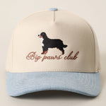 Big Paws Club Bernese Mountain Trucker Hat with a light denim embroidered with a walter the bolt ranch store mascot at boltranchstore.com