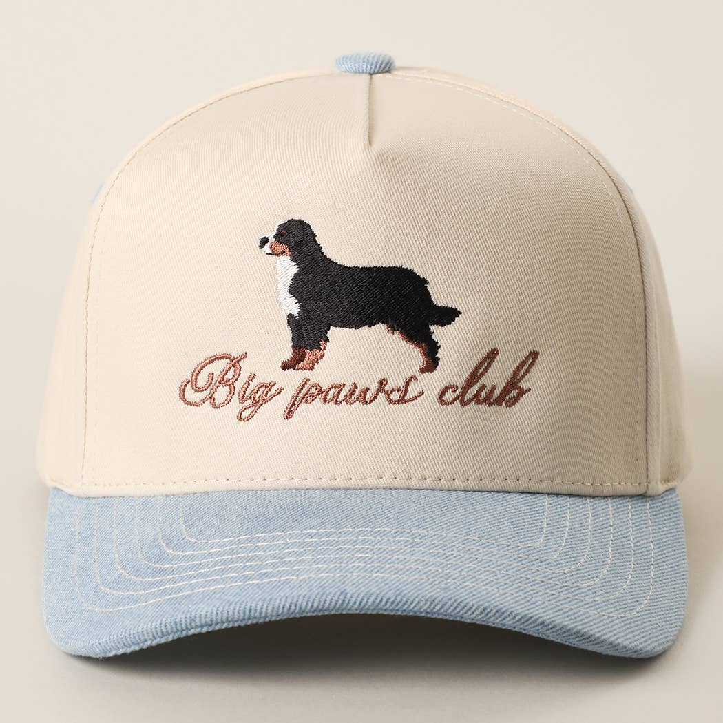 Big Paws Club Bernese Mountain Trucker Hat with a light denim embroidered with a walter the bolt ranch store mascot at boltranchstore.com