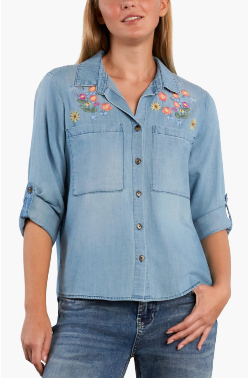 Billy T Summer Petal Embroidered Denim Shirt in a full button up soft demin shirt with rolled cuffs and secured with buttons two front pockets at boltranchstore.com