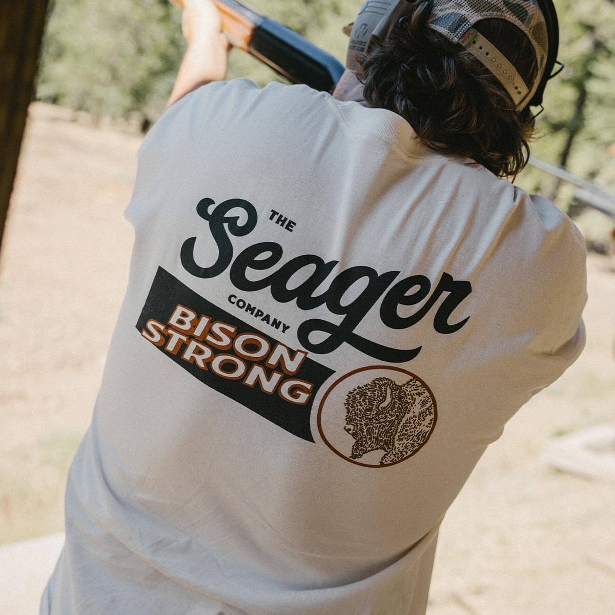 Seager Bison Premium Tee Vintage White everyday western tee worn with denim cowboy