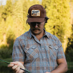 Seager Bison Waxed Snapback Brown workwear cap styled with canvas and denim Park City