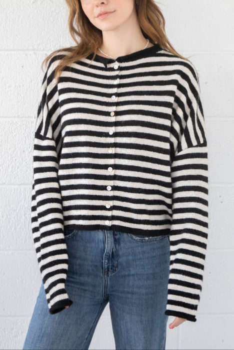 Piper cardigan womens striped black and ivory Things Between spring light weight cardigan Boltranchstore.com