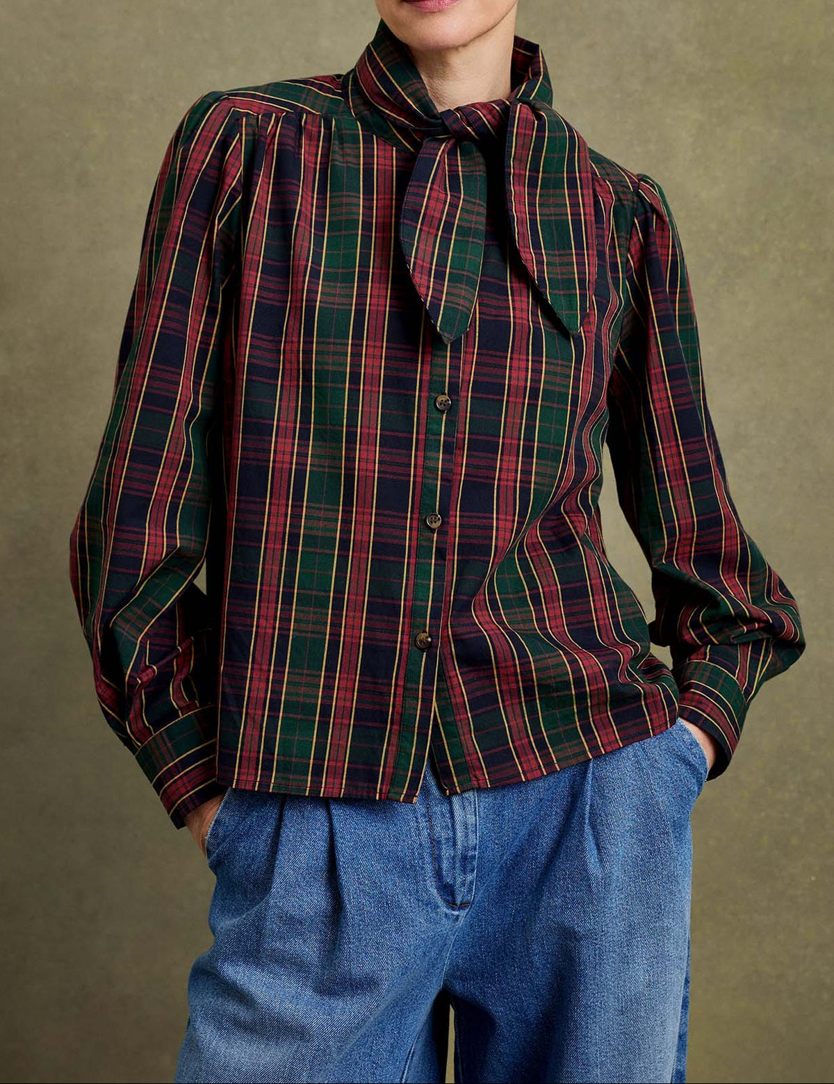 Penelope Chilvers Blythe Blouse navy tartan cotton blouse with a front tie neck womens western boutique Utah SKU 0D0912200010B3104Y