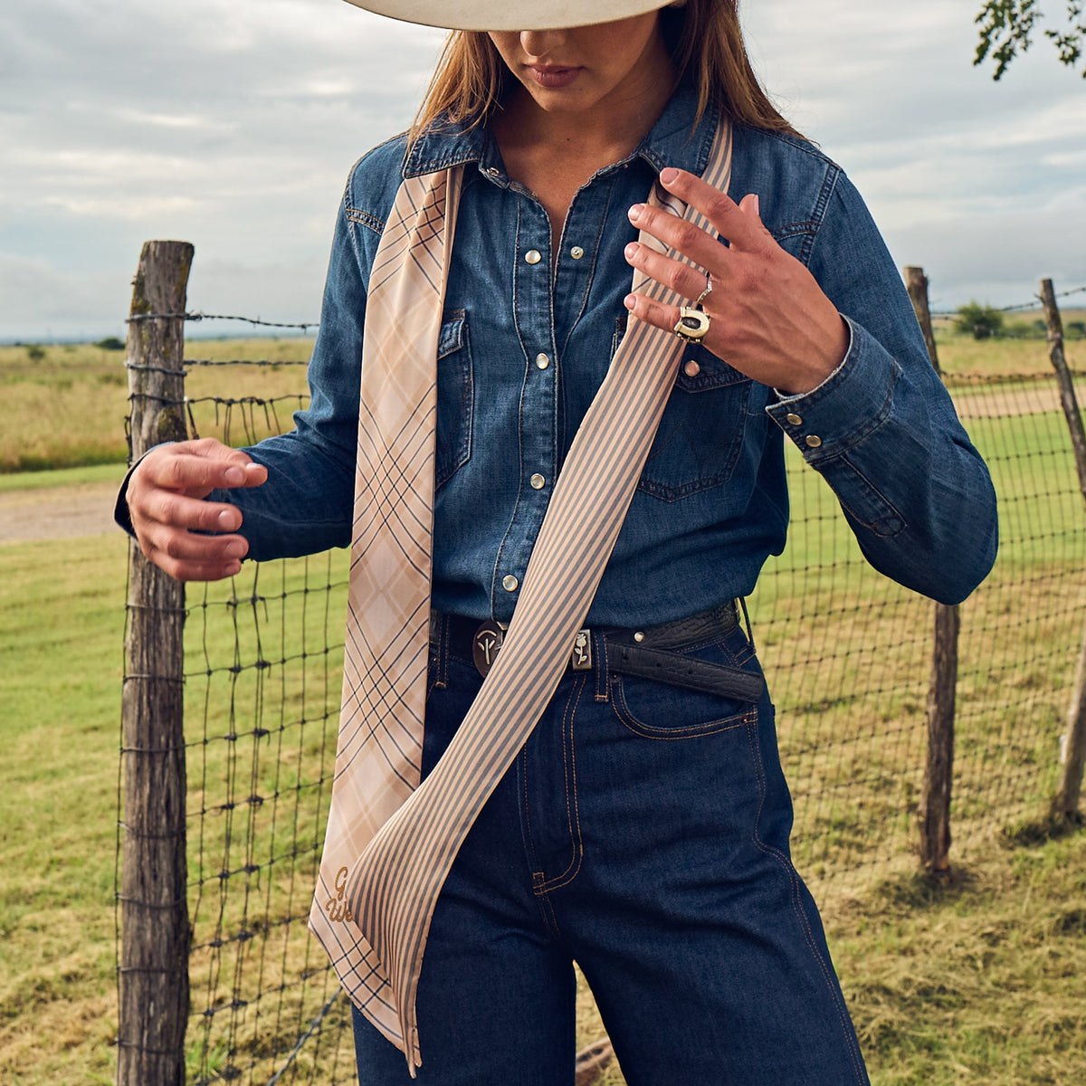 Fringe Scarves Boli Gettin Western Tan Blue Plaid layered over a denim shirt for ranch wear womens western clothing
