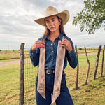 Fringe Scarves Boli Gettin Western Tan Blue Plaid tied under the collar of a western jacket western fashion