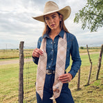 Fringe Scarves Boli Gettin Western Tan Blue Plaid long skinny scarf in lightweight poly chiffon western clothing