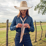 Fringe Scarves Boli Gettin Western Tan Blue Plaid worn as a long necktie with a button down shirt cowgirl