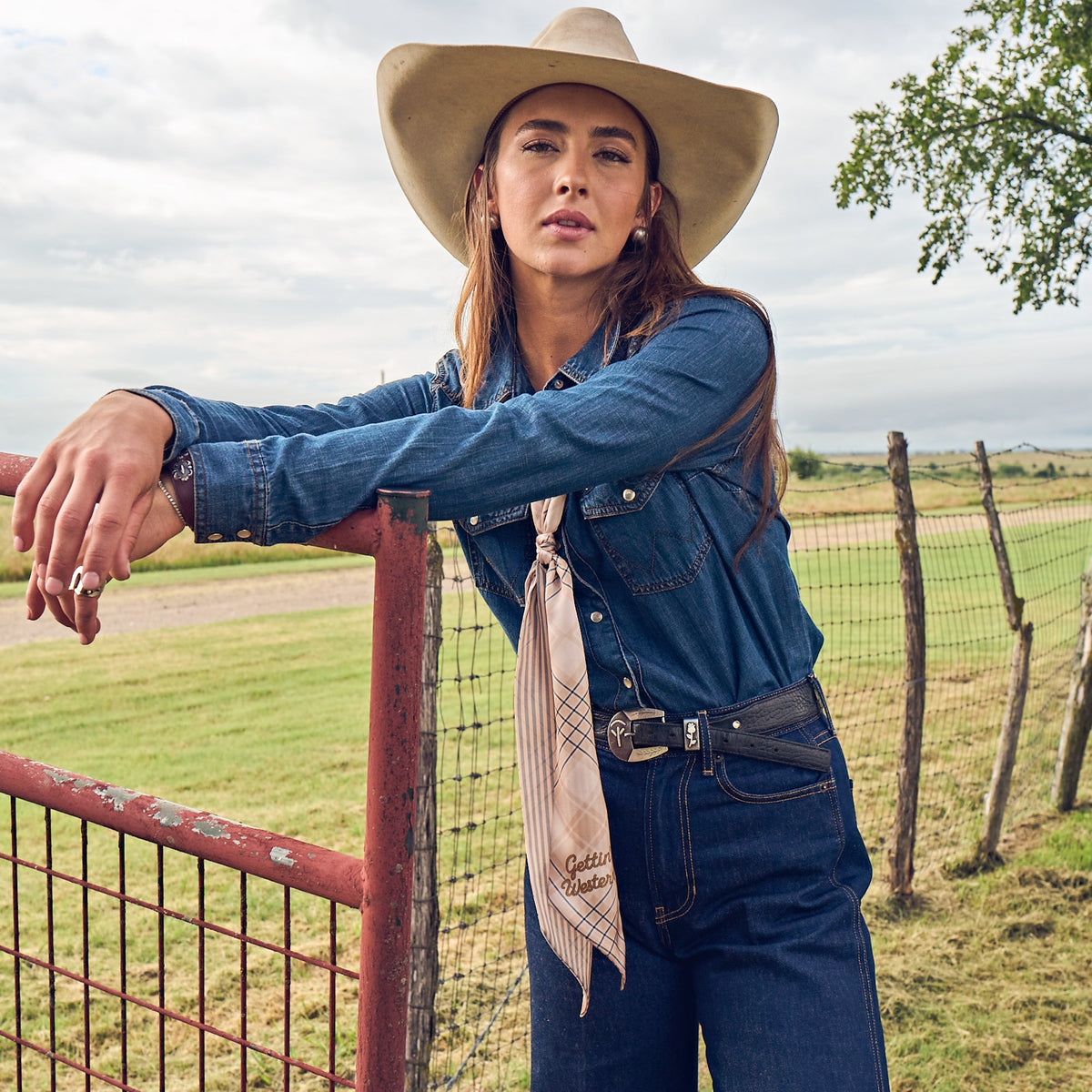 Fringe Scarves Boli Gettin Western Tan Blue Plaid statement accessory for cowgirl fashion ranch wear