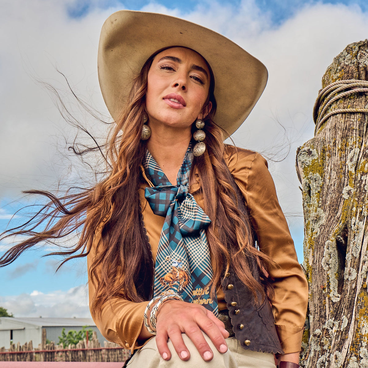 Fringe Scarves Boli Gettin Western Navy Plaid long skinny scarf in lightweight poly chiffon western clothing