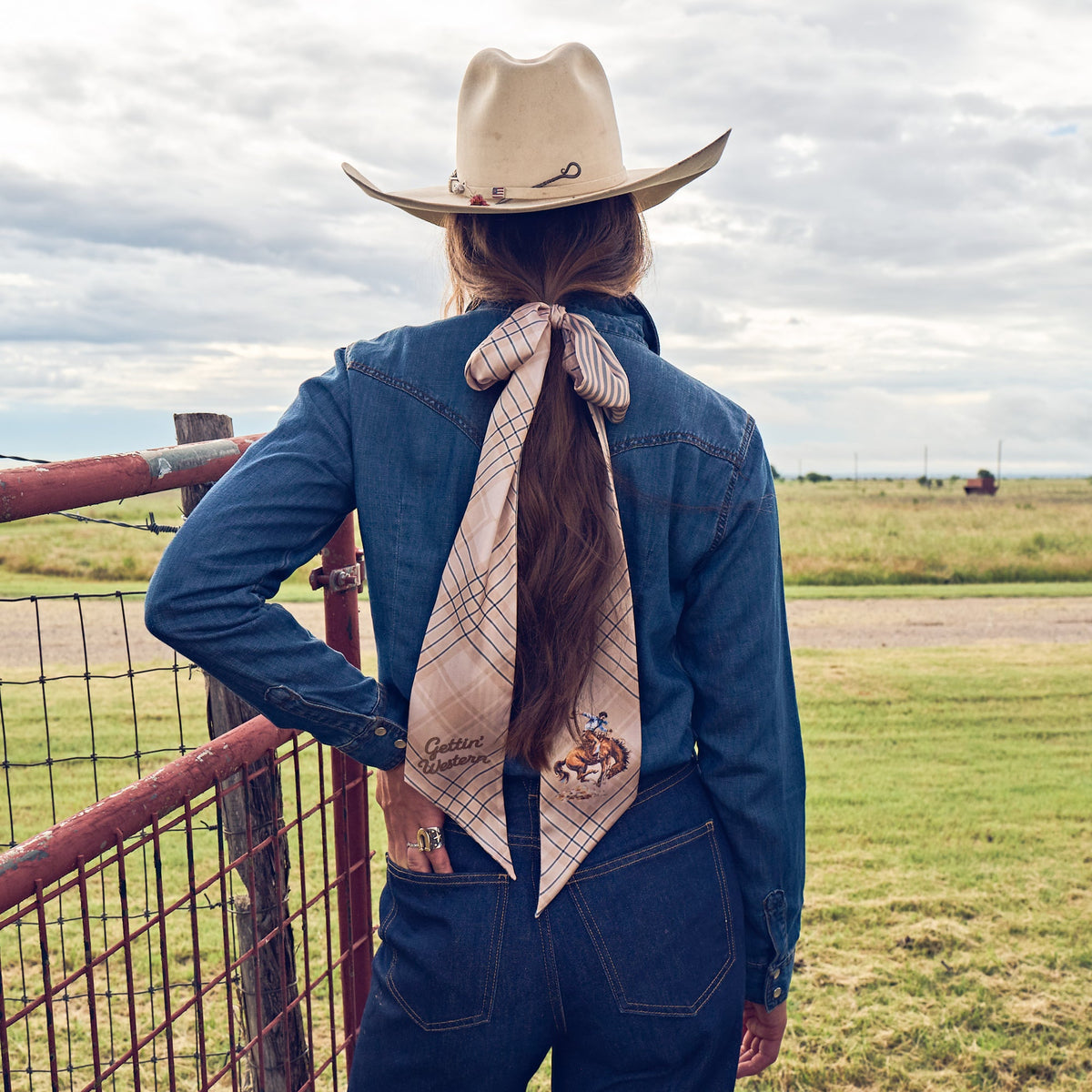 Fringe Scarves Boli Gettin Western Tan Blue Plaid three and a half inch by 70 inch length made for dramatic styling rodeo